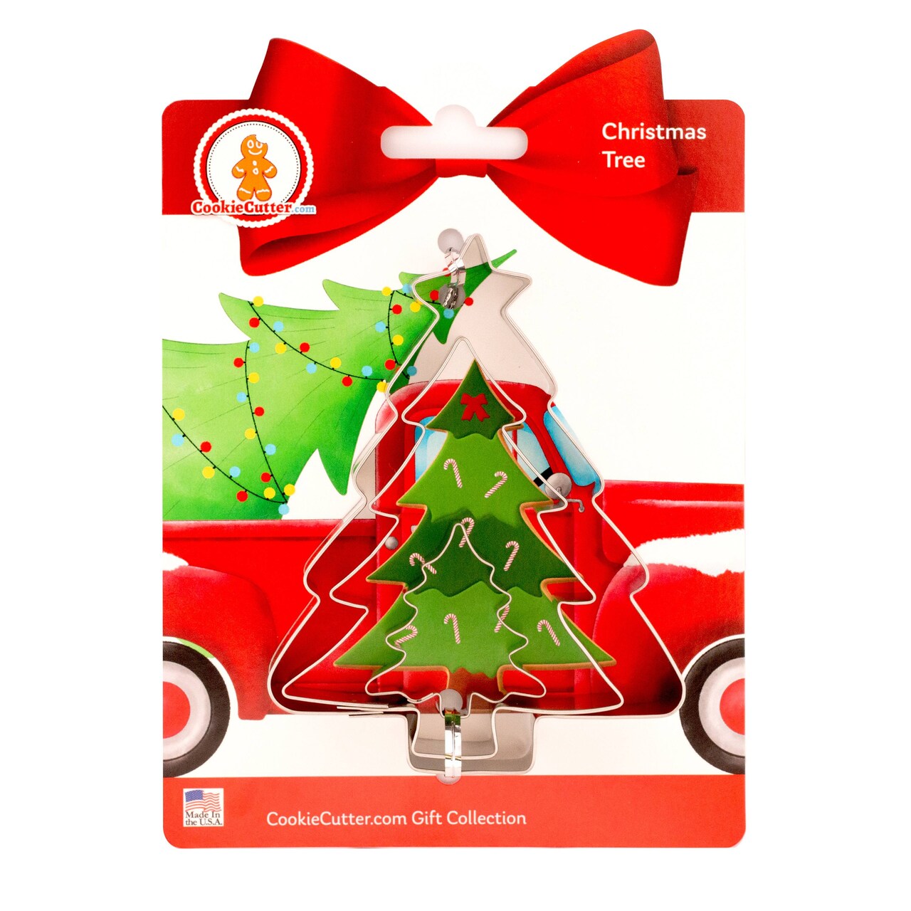 CookieCutter.com Christmas Tree Cookie Cutter Set 3 Piece, Hang Tag Cookie Recipe Card, Large, Medium, Small, Tin Plate Steel, USA